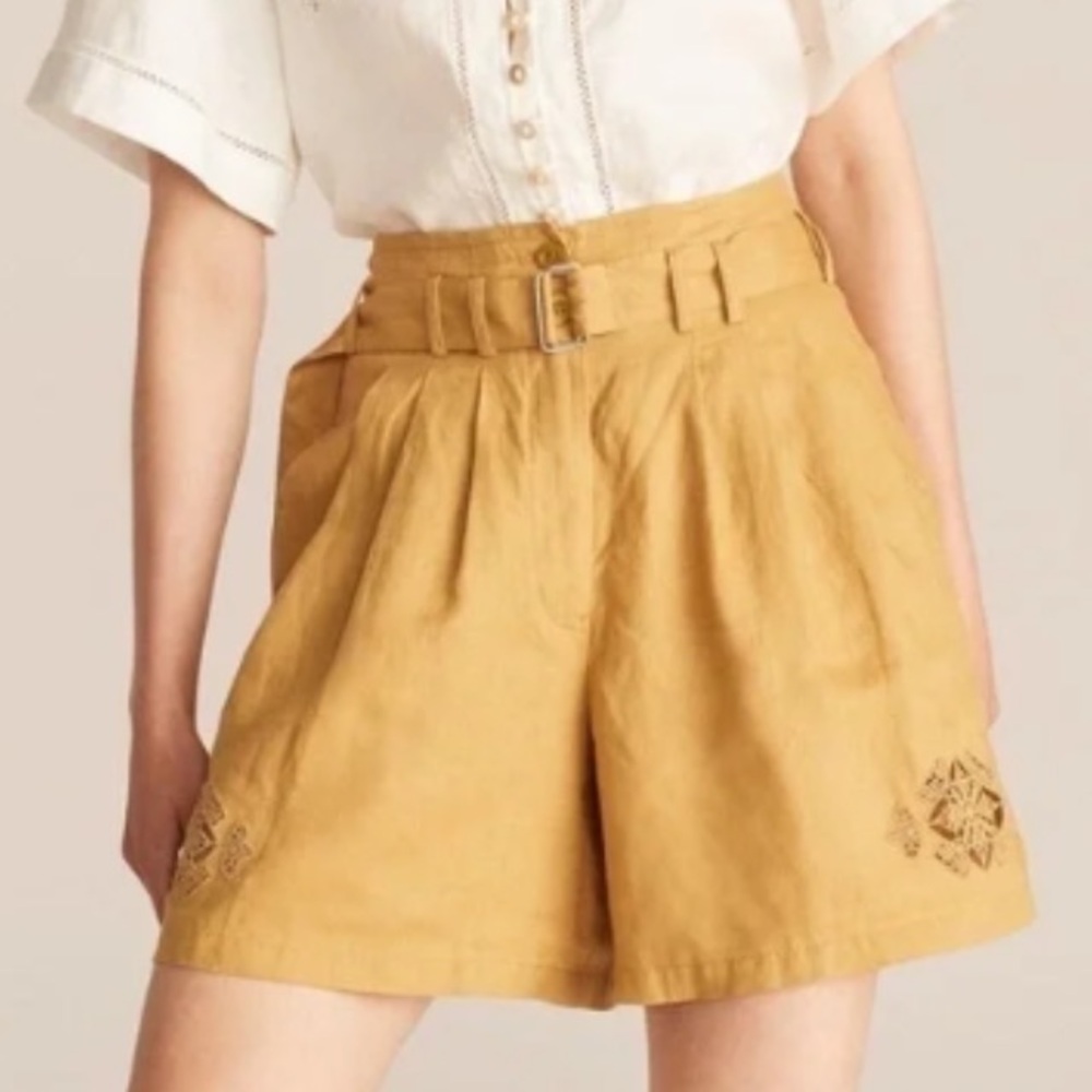 REBECCA TAYLOR Saffron Yellow High Waisted Linen Pleated Shorts Size 4